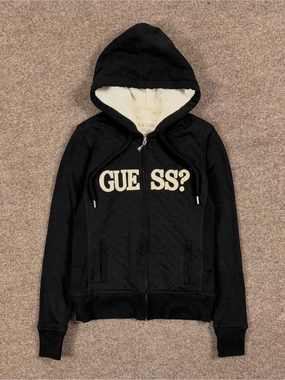 Y2K Guess Black Full Zip Hooded Sweatshirt Jacket Women’s Small Faux Fur Lined
